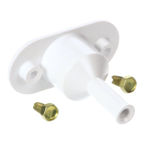 A white plastic Scotsman drain fitting with screws.