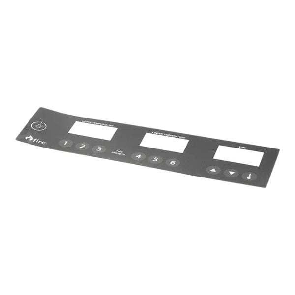 A black rectangular metal panel with white text and four black buttons.