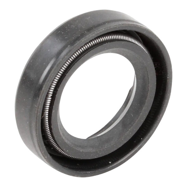 A black circular rubber oil seal with a metal ring.