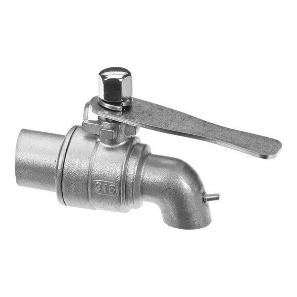 A stainless steel Rational ball valve with a handle.