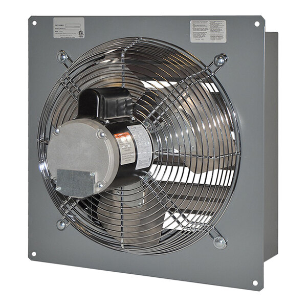 A close-up of a metal Canarm 16'' standard wall exhaust fan.