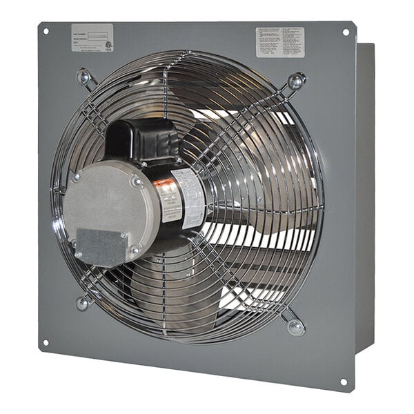 A square metal wall exhaust fan with a protective wire grille and a visible motor mounted at the center.