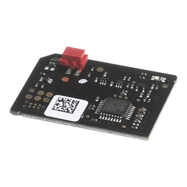 A black circuit board with a red and white connector.