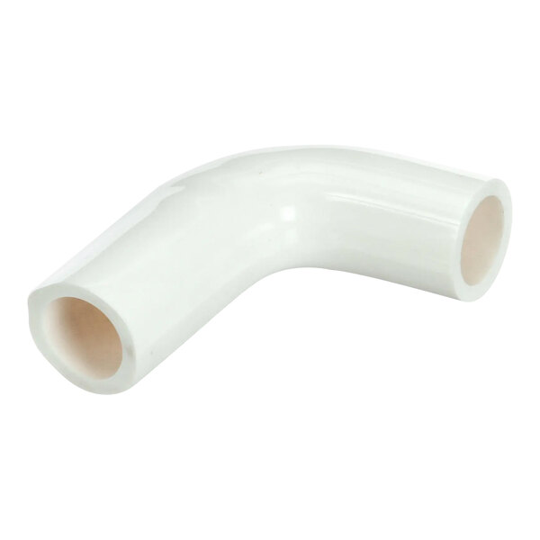 A white plastic drain tube dump valve with a black handle.