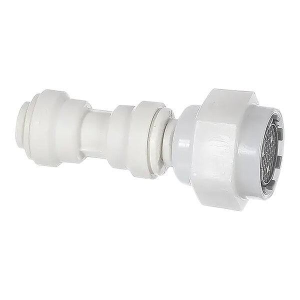 A white plastic pipe connector with a round base.