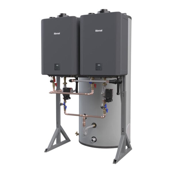 A room with two Rinnai Demand Duo water heaters with grey tanks and pipes.