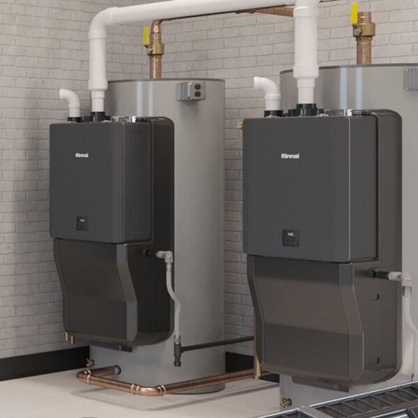 A double water heater system with two Rinnai Demand Duo H-Series units and 119-gallon ASME-rated storage tanks for natural gas or liquid propane use.