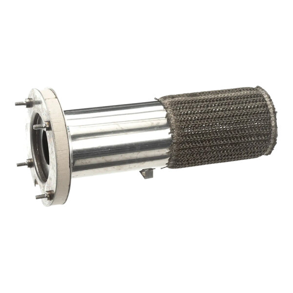 A metal cylinder with a metal mesh sleeve on one end.