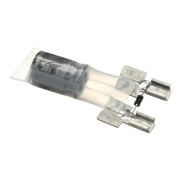 A close-up of a small black and white TurboChef capacitor with two wires.