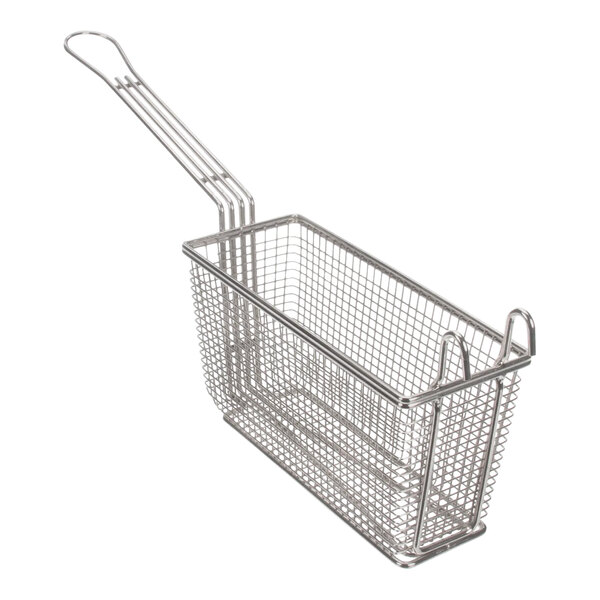 A close-up of a Wells wire twin fry basket with a handle.