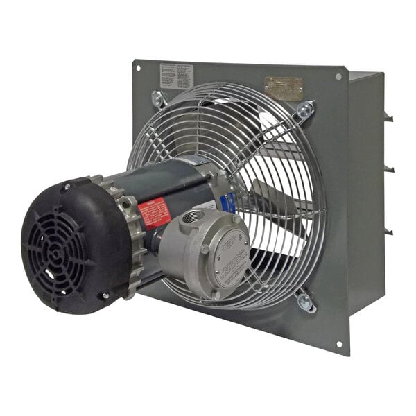 A Canarm wall exhaust fan with a metal housing and a black motor with a metal fan.
