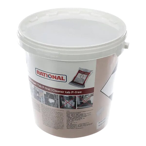 A white plastic bucket with a white label and a lid with the Rational logo.