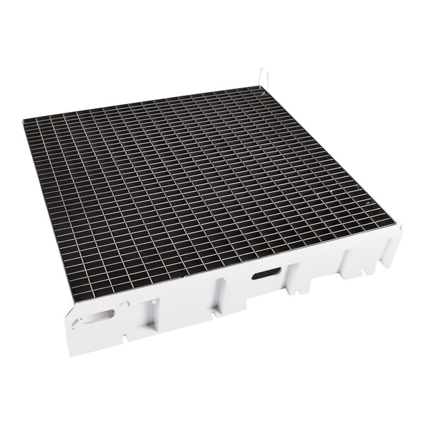A white metal grid with black details on a white surface.