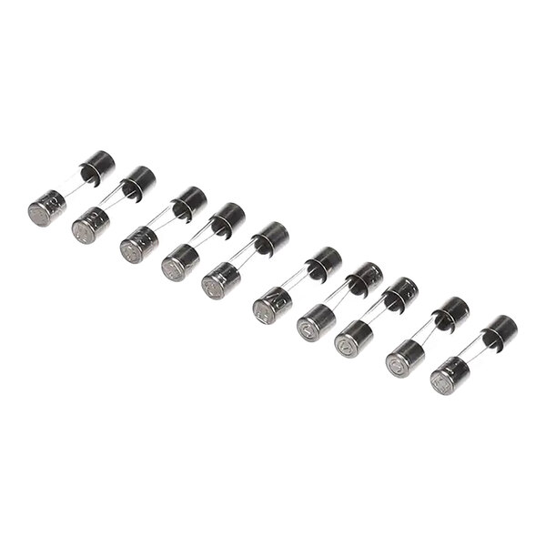 A row of 10 black metal Rational fuses with silver caps on a white background.