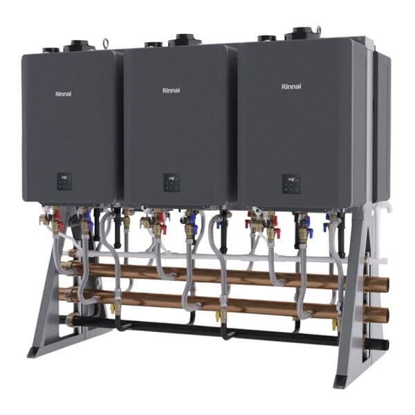 A black rectangular Rinnai tankless water heater rack holding three SENSEI CX water heaters.