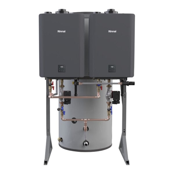 A Rinnai natural gas water heater with two pipes and valves connected.