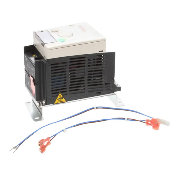 A white rectangular TurboChef speed controller with blue and white wires attached.