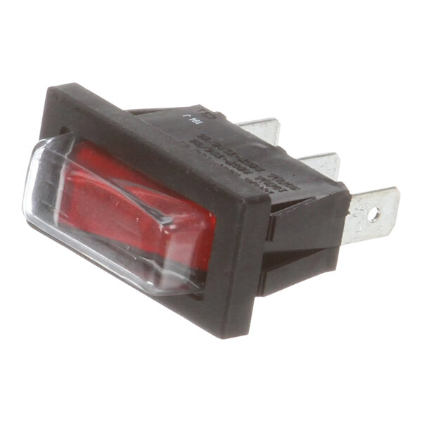 A black and red Wells switch with a plastic cover and red light.