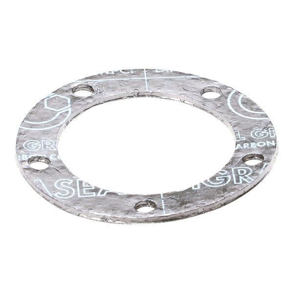 A silver metal gasket ring with holes and white text.