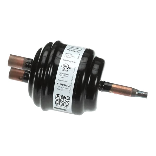 A black cylindrical Scotsman drier filter with a white label.