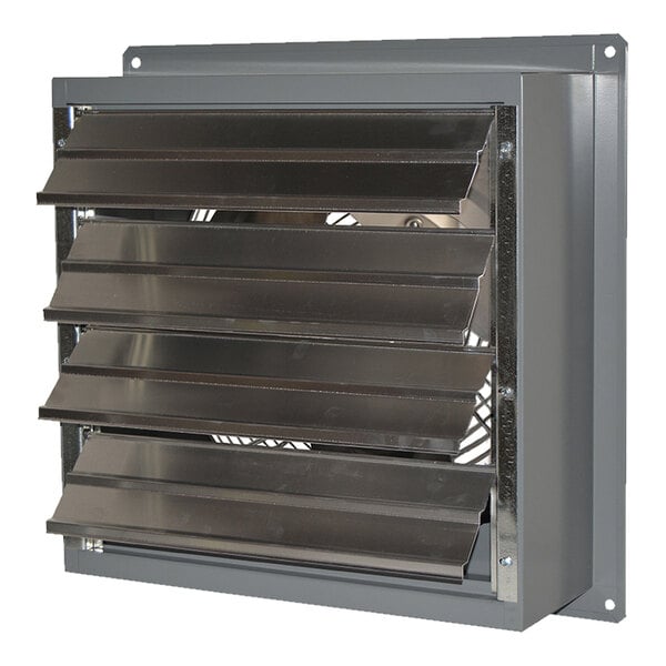 A metal wall-mounted exhaust fan with horizontal slats and a visible fan blade behind the grille.