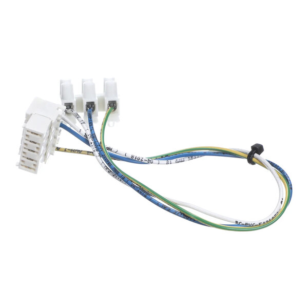 A white electrical adapter cable with blue and yellow wires.