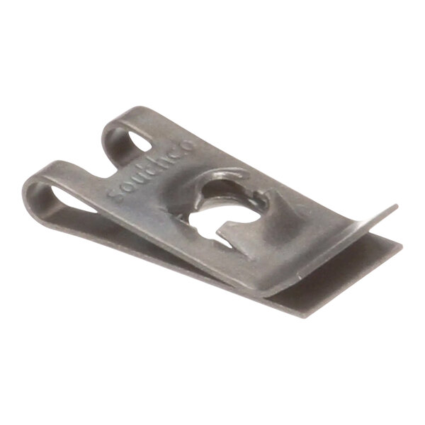 A close-up of a metal TurboChef mounting clip with a hole in it.