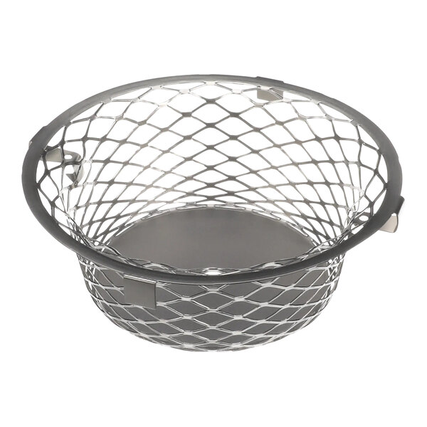 A metal basket with a wire mesh around it and a handle.