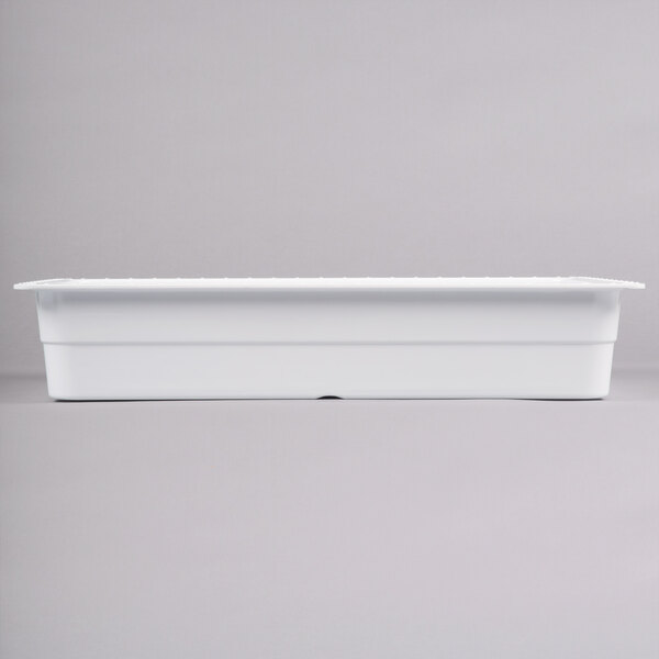 A white rectangular melamine food pan with a lid.