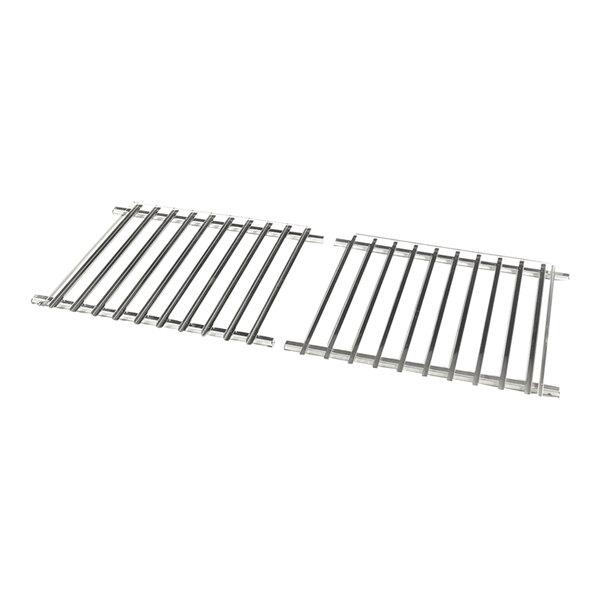 A stainless steel Rational hinging rack with two rows of metal bars.