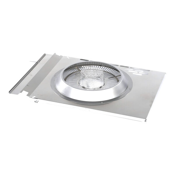 A stainless steel Rational air baffle with a circular opening in the middle.