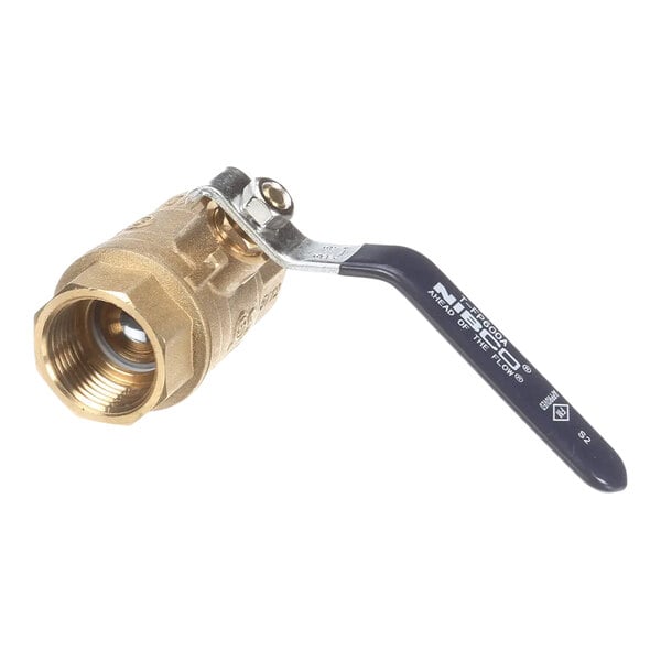 A close-up of a Wells brass ball valve with a black handle.