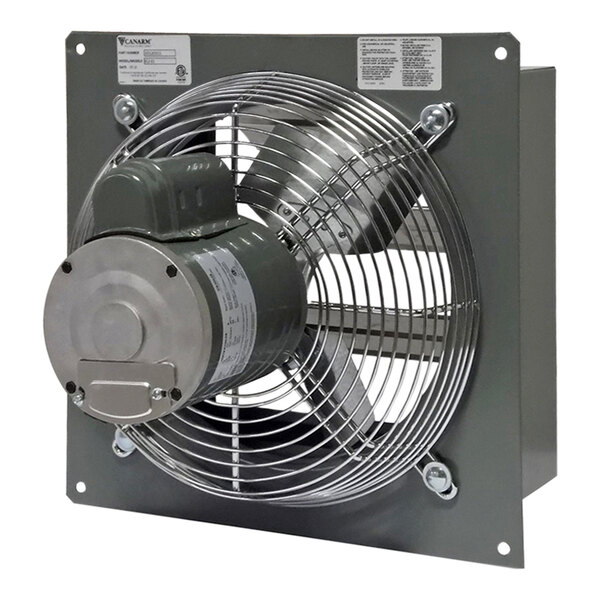 A round metal Canarm wall exhaust fan.