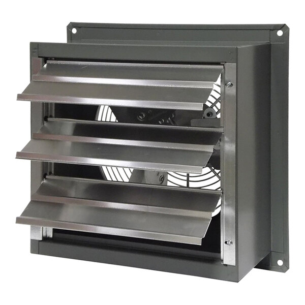 A metal box with a Canarm 12'' 2-speed standard wall exhaust fan vent.