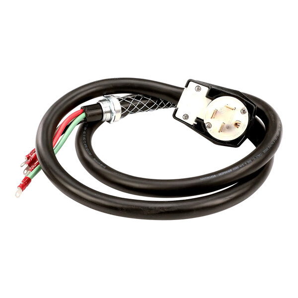 A black cable with a white and green cord.