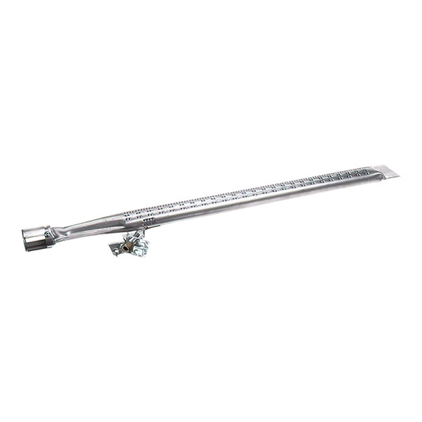 A long silver metal rod with a straight end and holes.
