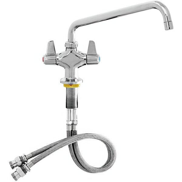 A chrome Equip by T&S deck-mount faucet with a 6 1/8" swing nozzle and lever handles.