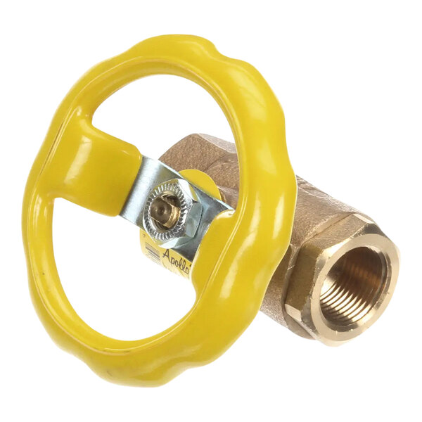 A yellow handle on a Wells stainless steel ball valve.