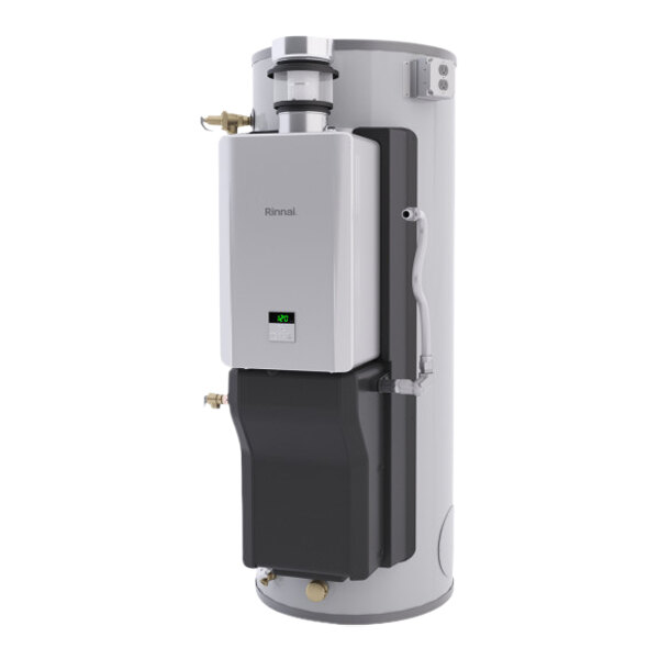 A white rectangular Rinnai water heater with black accents and a digital display.