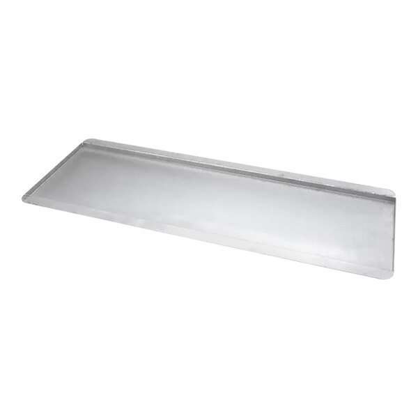 A rectangular metal crumb tray with a silver finish.