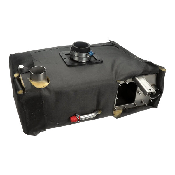 A black rectangular insolated service cover with metal parts and a metal pipe.