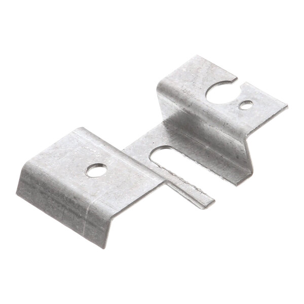 A pair of metal brackets with holes on a white background.