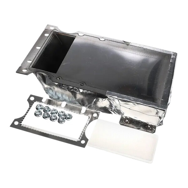 A silver metal rectangular TurboChef waveguide with screws.