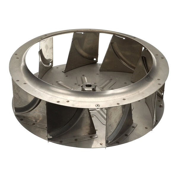 A metal circular fan wheel with holes.