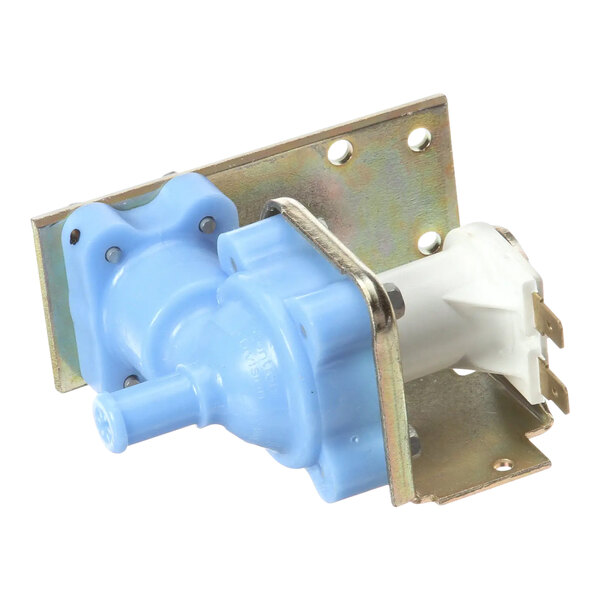 A blue plastic Scotsman water inlet solenoid valve with a metal bracket.