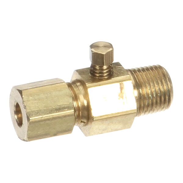 A Southbend brass pilot adjust valve with a brass pipe and gold nut.