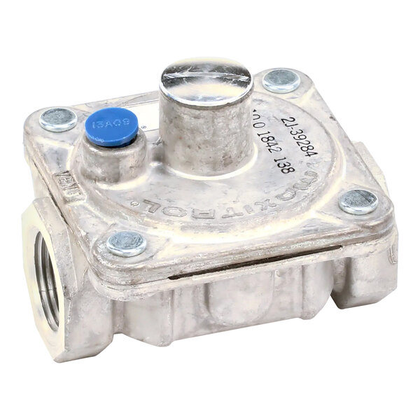 A metal Wells gas regulator with a blue button.