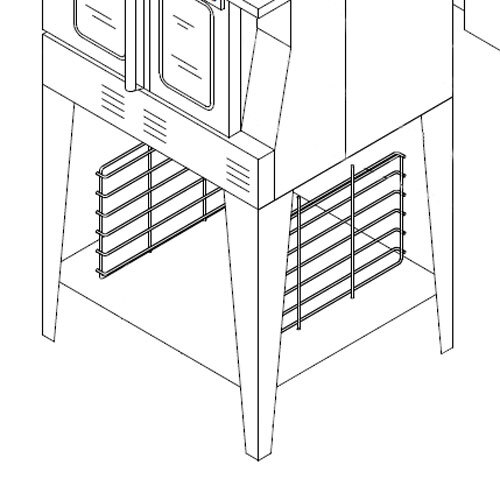 A black metal rectangular stand with rack guides and a shelf.