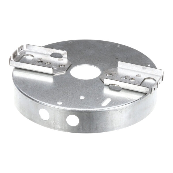 A metal plate with two holes used for mounting a Wells assembly element.