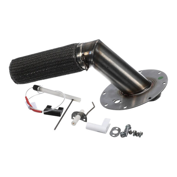 A metal motorcycle exhaust pipe with a black screw.